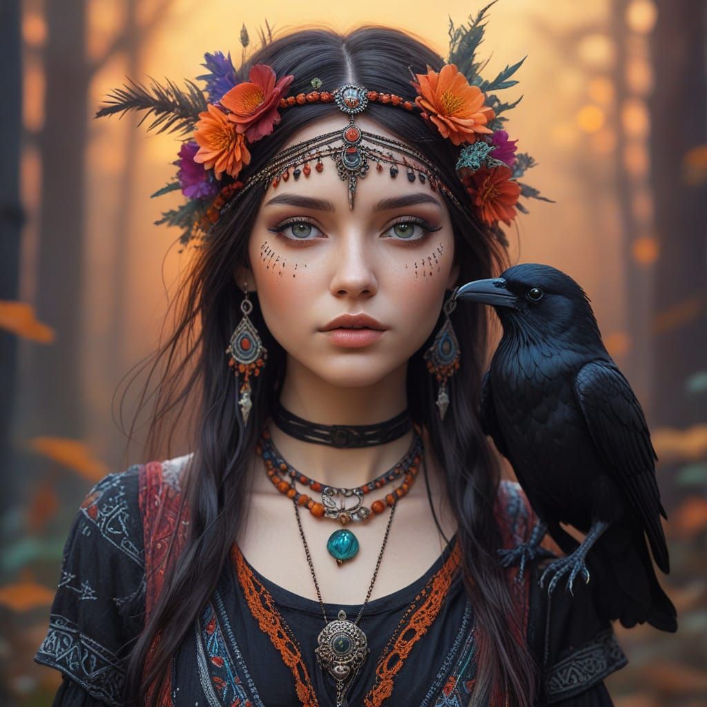 Octane render, Very Tall beautiful Girl with a Raven, styling by Andy Kehoe and Tim Burton, large vibrant expressive eye...