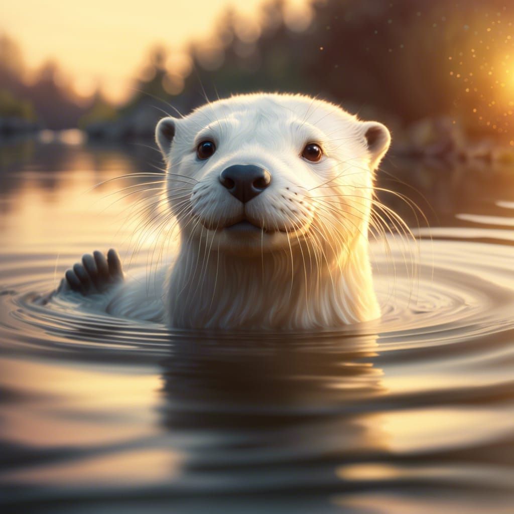 Smiling White Otter in Golden Hour Light