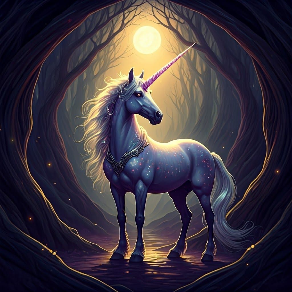 Mysterious Unicorn in a Moonlit Forest