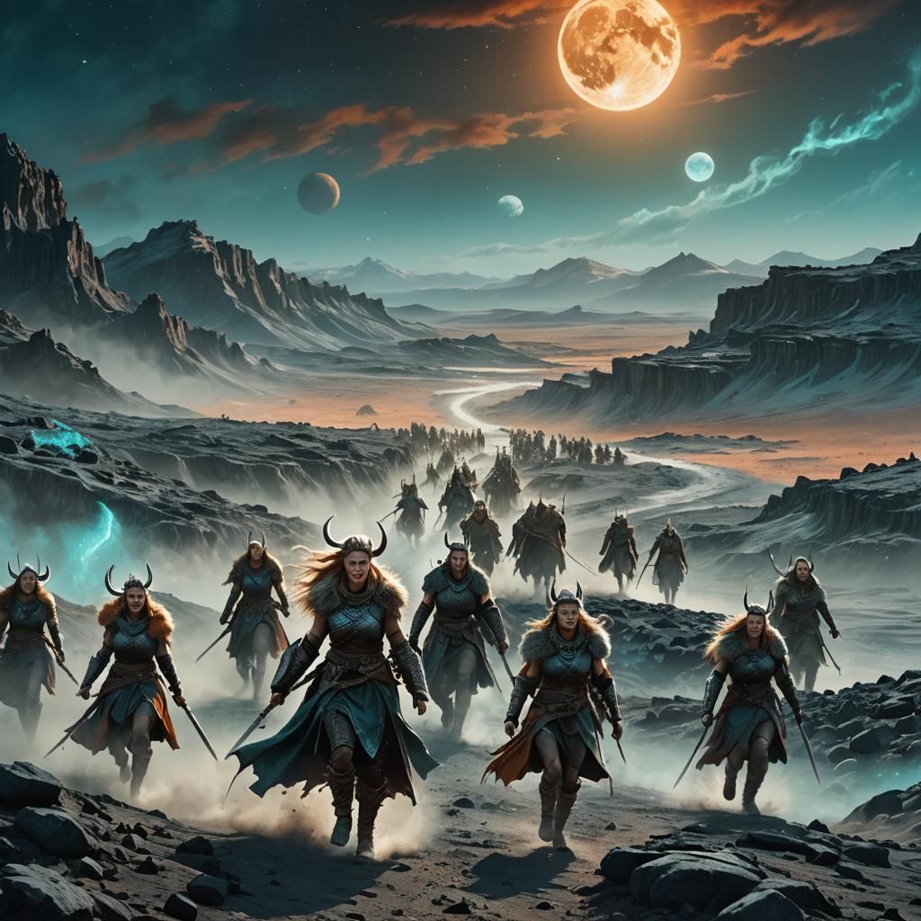 Viking Warriors Running on Moonscape in Fantasy Art