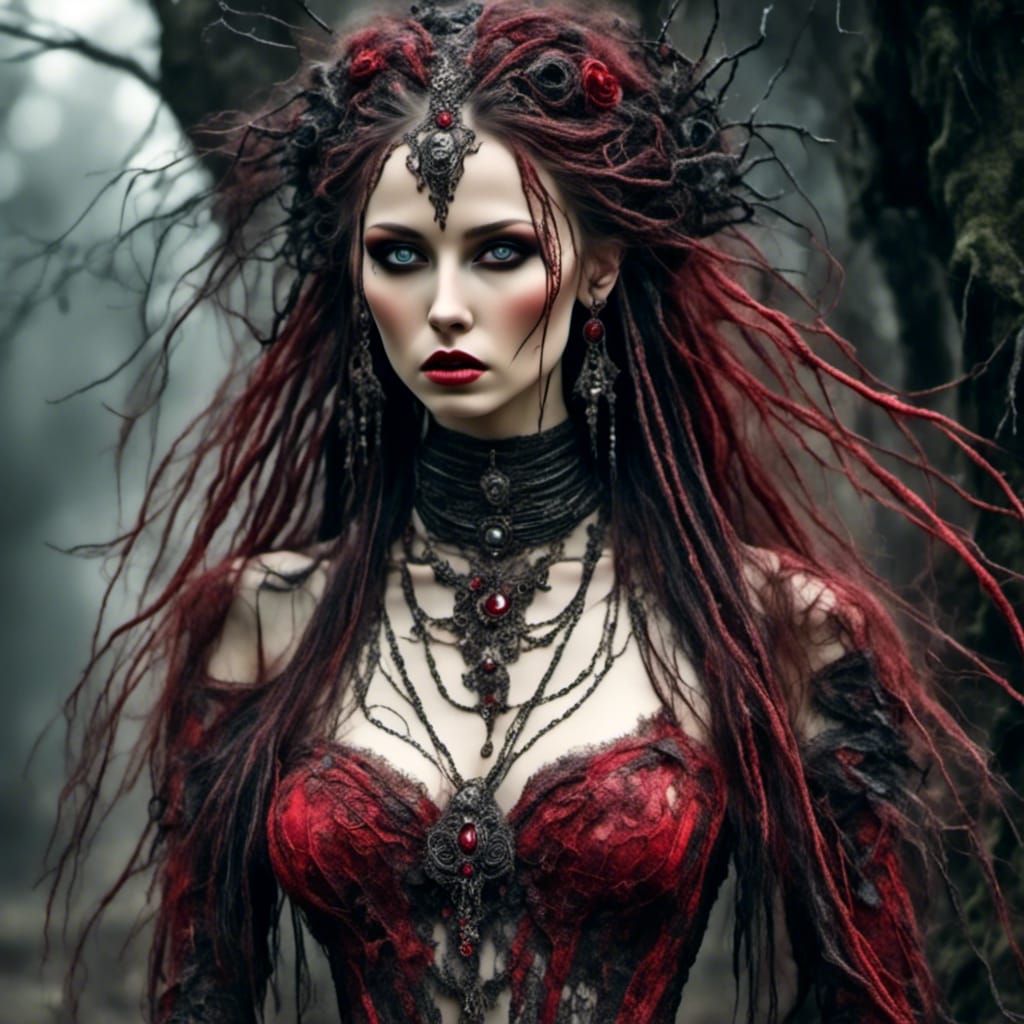 Ethereal Crimson Bride in Biopunk Fantasy Style
