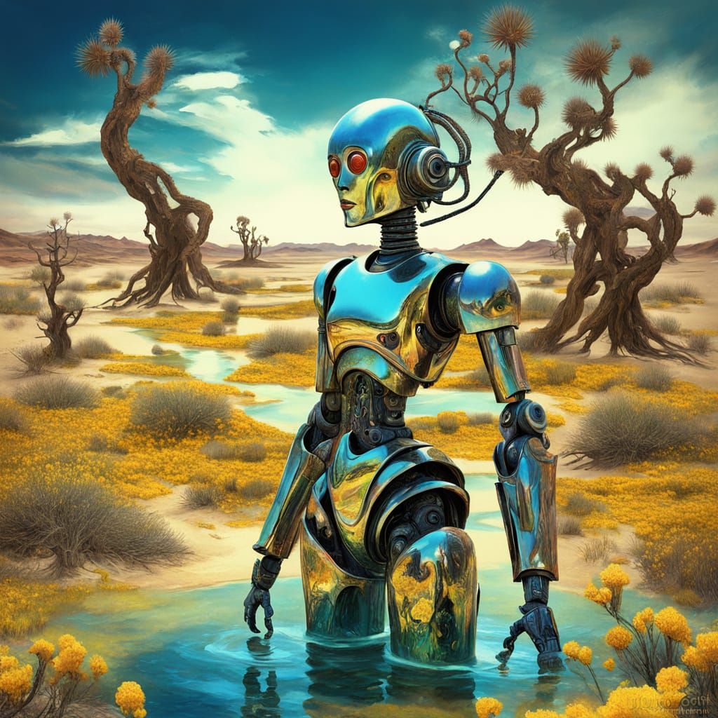 Surreal Robot Waters Desert Flowers in Whimsical Action Pain...