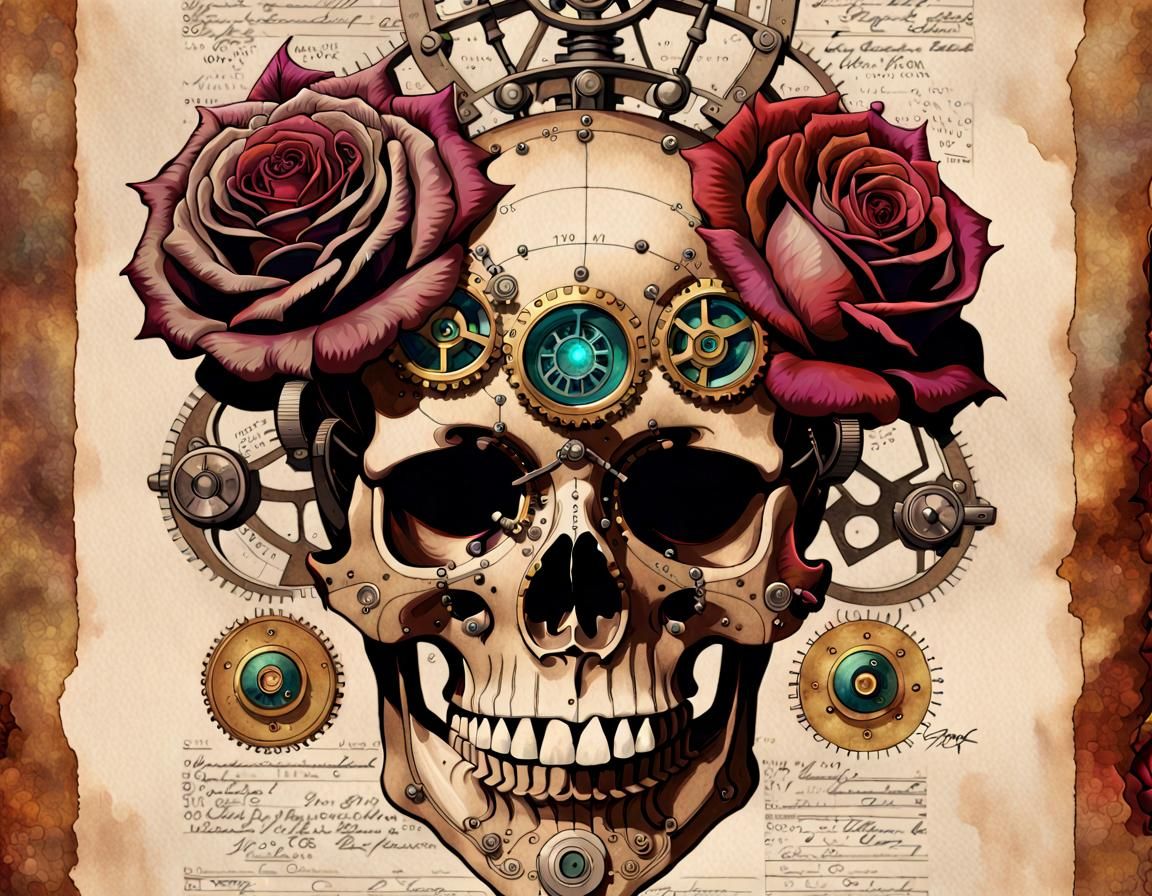Steampunk Skull Schematic with Aurora Eyes
