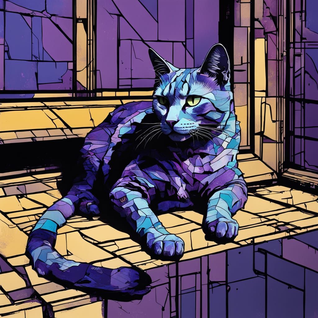 Melancholic Stained Glass Cat in Dystopian Living Room