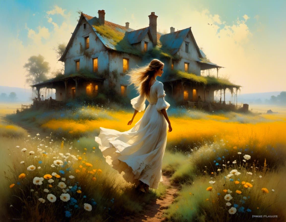 Cottagecore Girl Dancing in Misty Prairie Flower Field