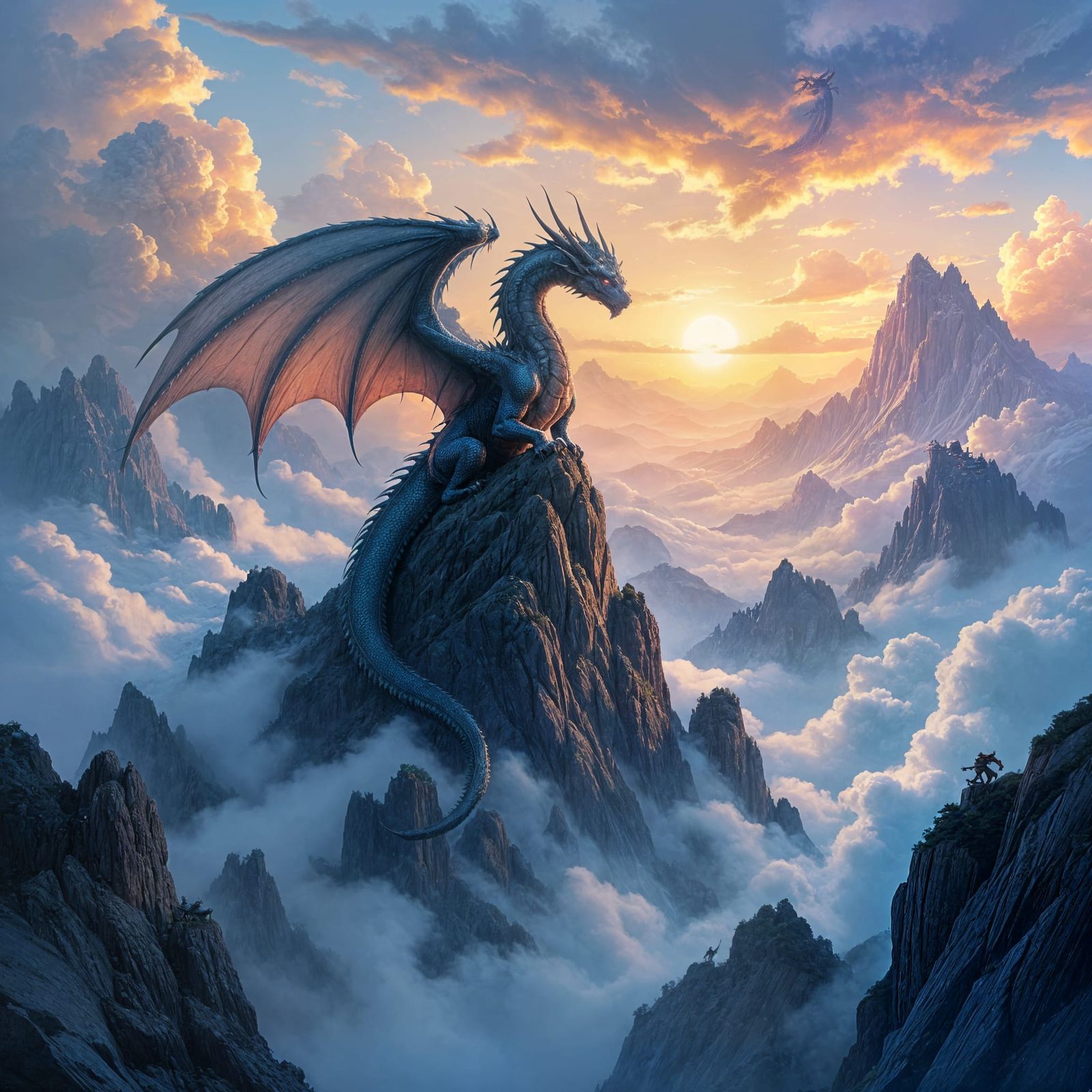Majestic Ancient Dragon on Mountain Peak, Epic Fantasy Art