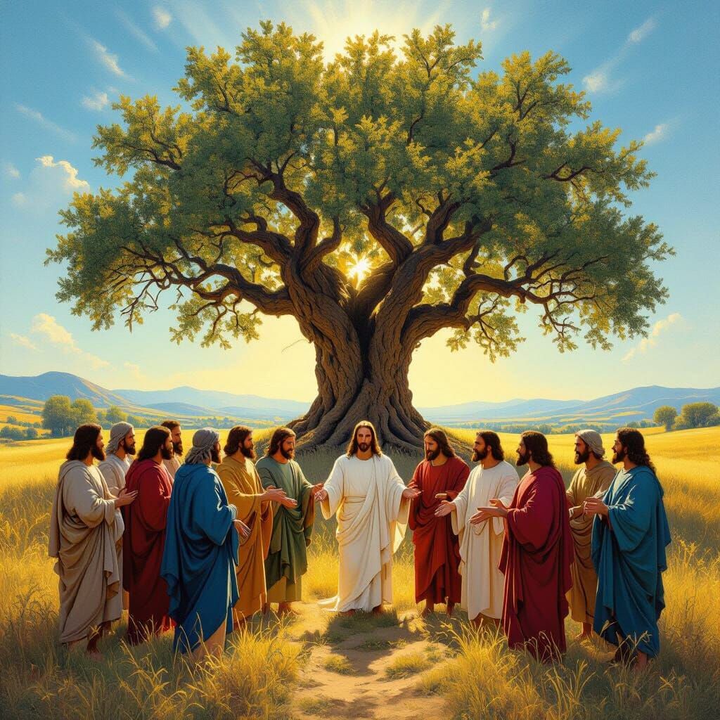 Jesus and the 12 Apostles in a Sunlit Field