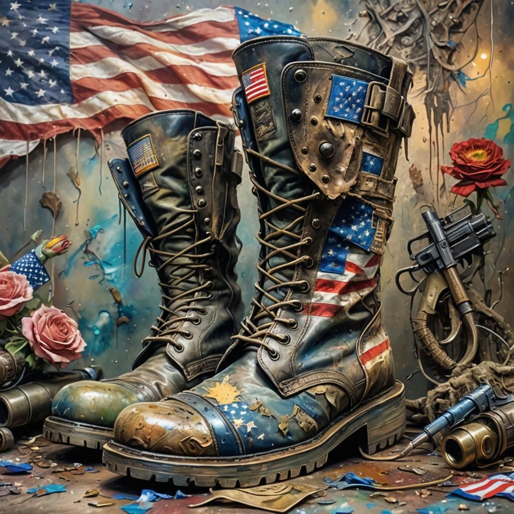 ""A pair of worn military boots an American Flag and a gun in the background Hyperdetailed, Delicate; Android Jones Mon...