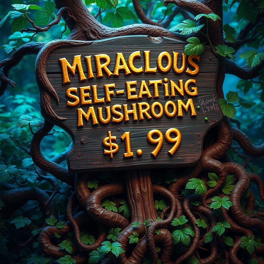 Whimsical Sign for Miraculous Self-Eating Mushroom