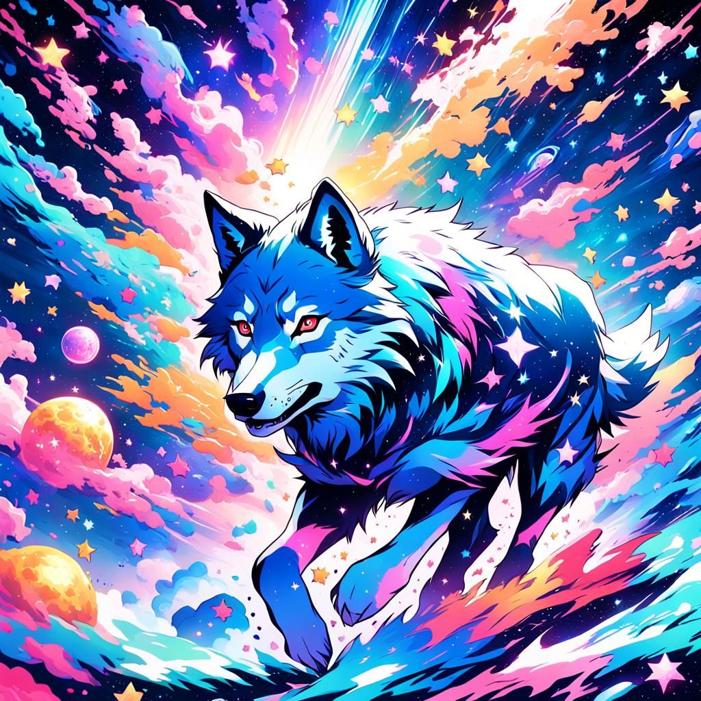 Wolf Running Through Galaxy in Anime Manga Style