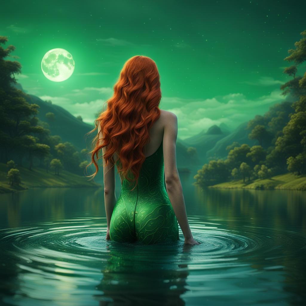 Redhead Woman Swimming in Lake at Full Moon