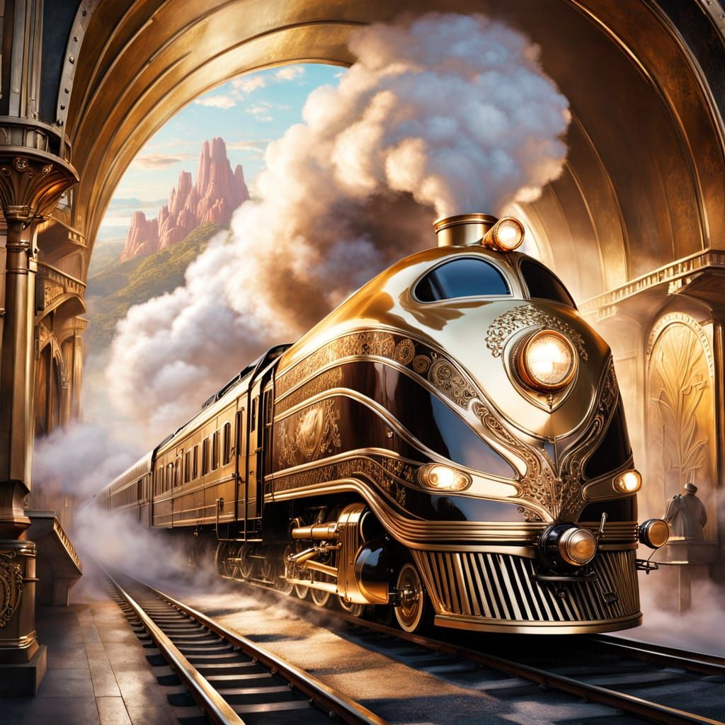 Luxury Train Rushes Through Misty Mountains in Vibrant Art D...