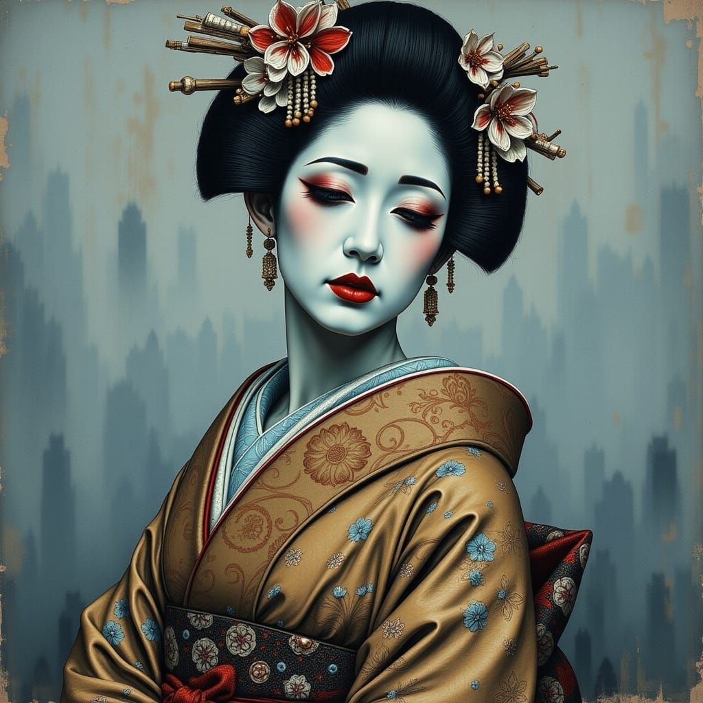 Serene Japanese Geisha in Mourning Attire