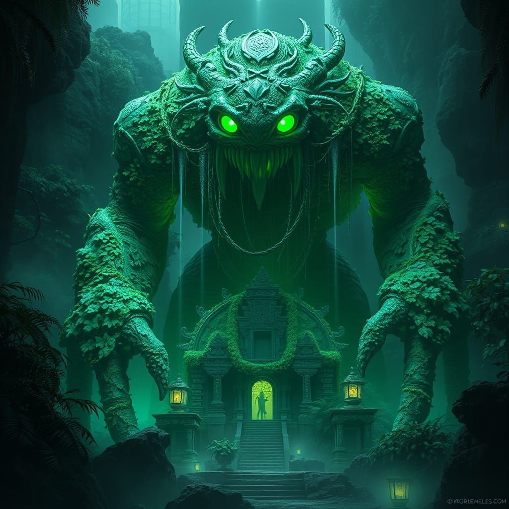 Emerald Golem Guarding Jungle Temple, Maximalist Style
