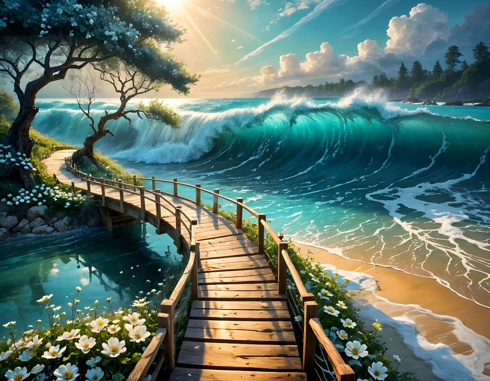 Mystical Beach Scene with Heavenly Sunshine and Giant Waves