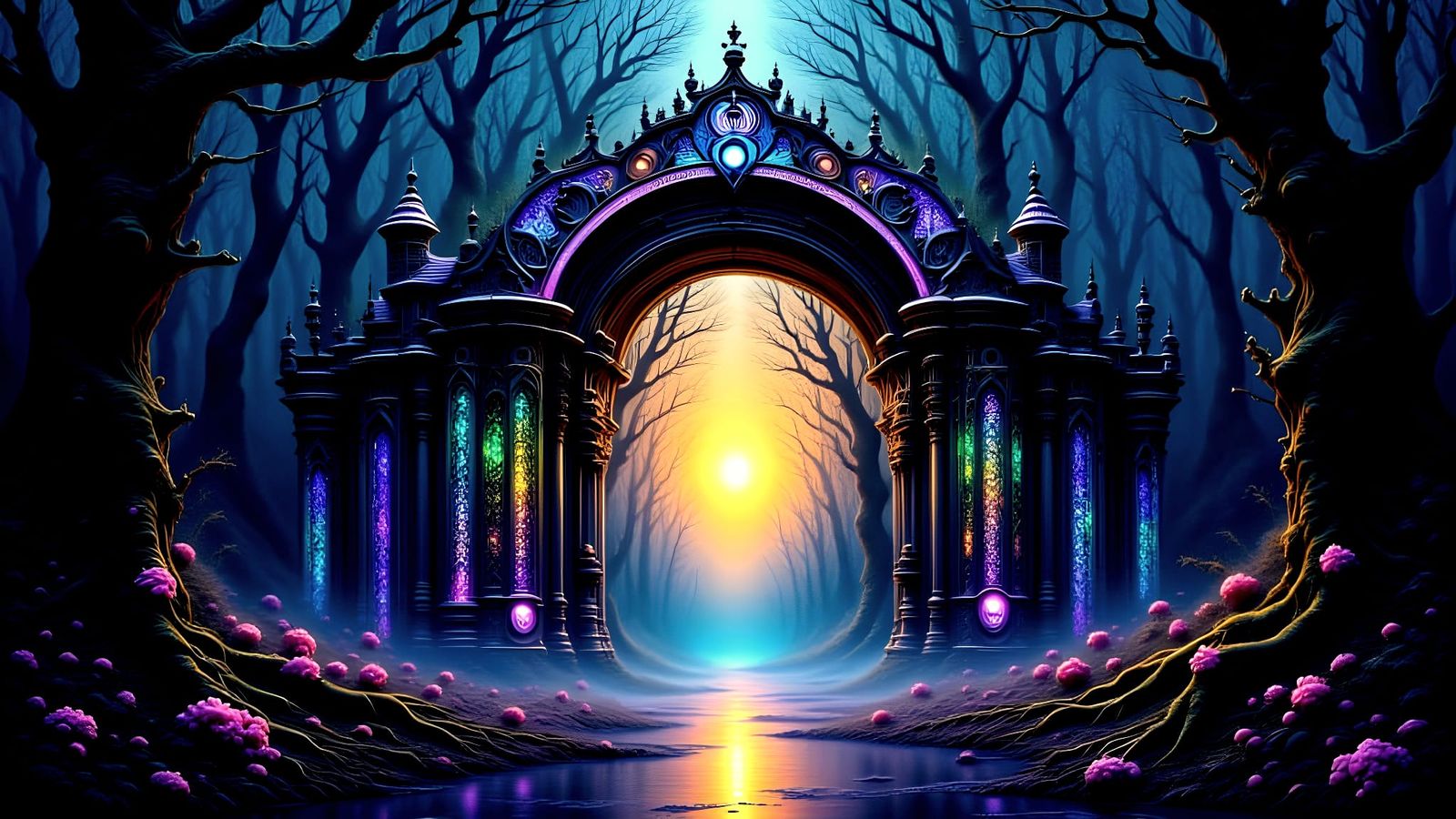 Mystical Gateway to Alien Forest in Bioluminescent Light