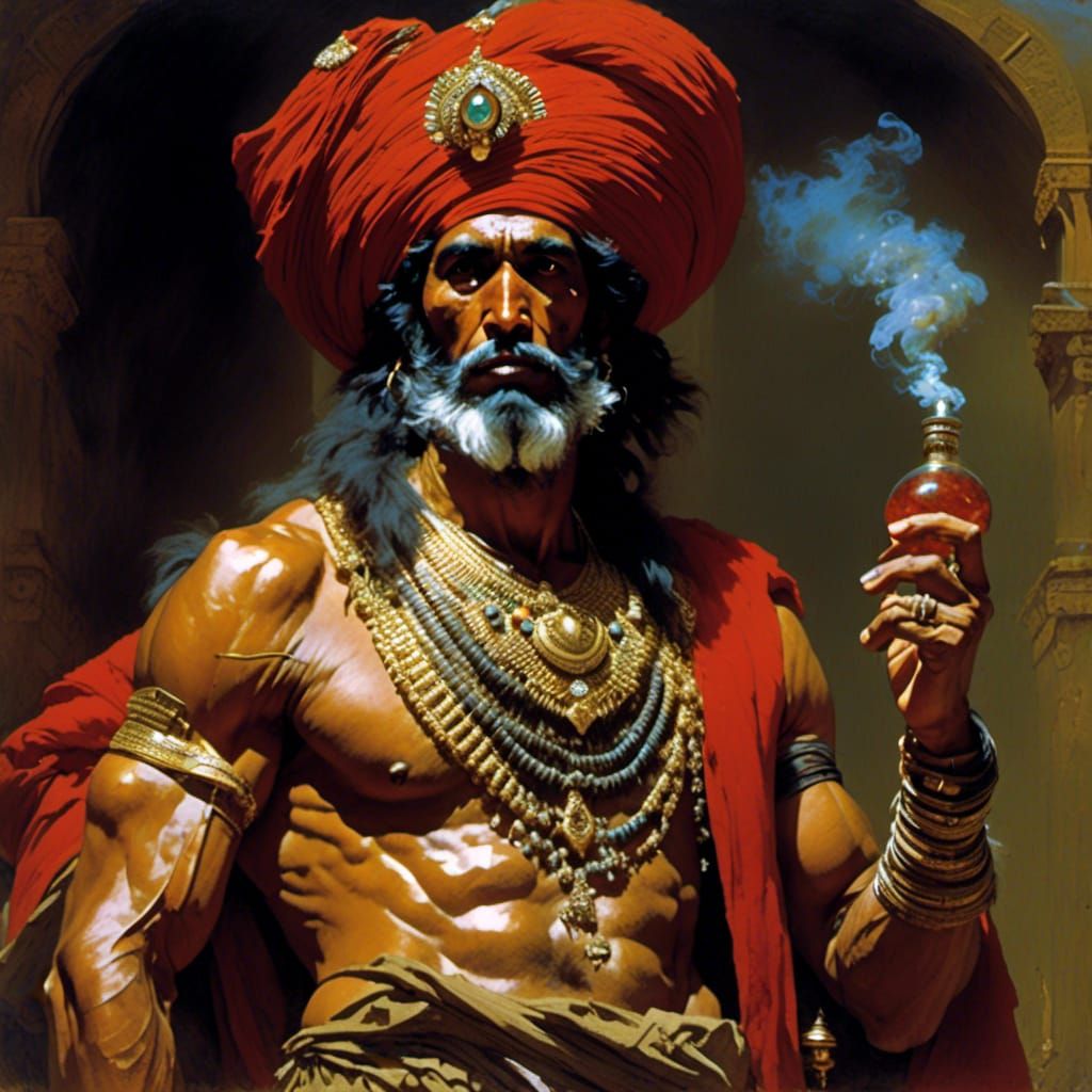 Angry Genie Portrait with Brass Bottle