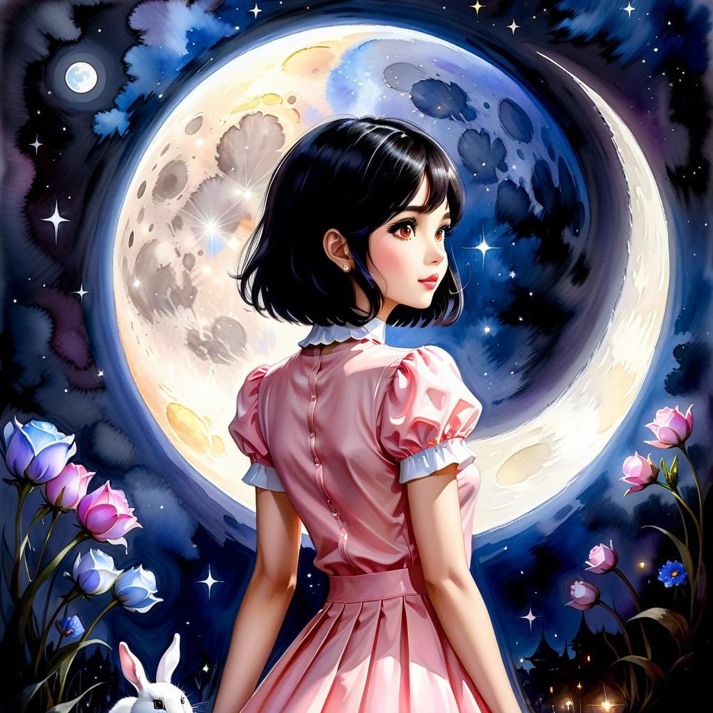Thai Woman with Rabbits and Moon in Watercolor