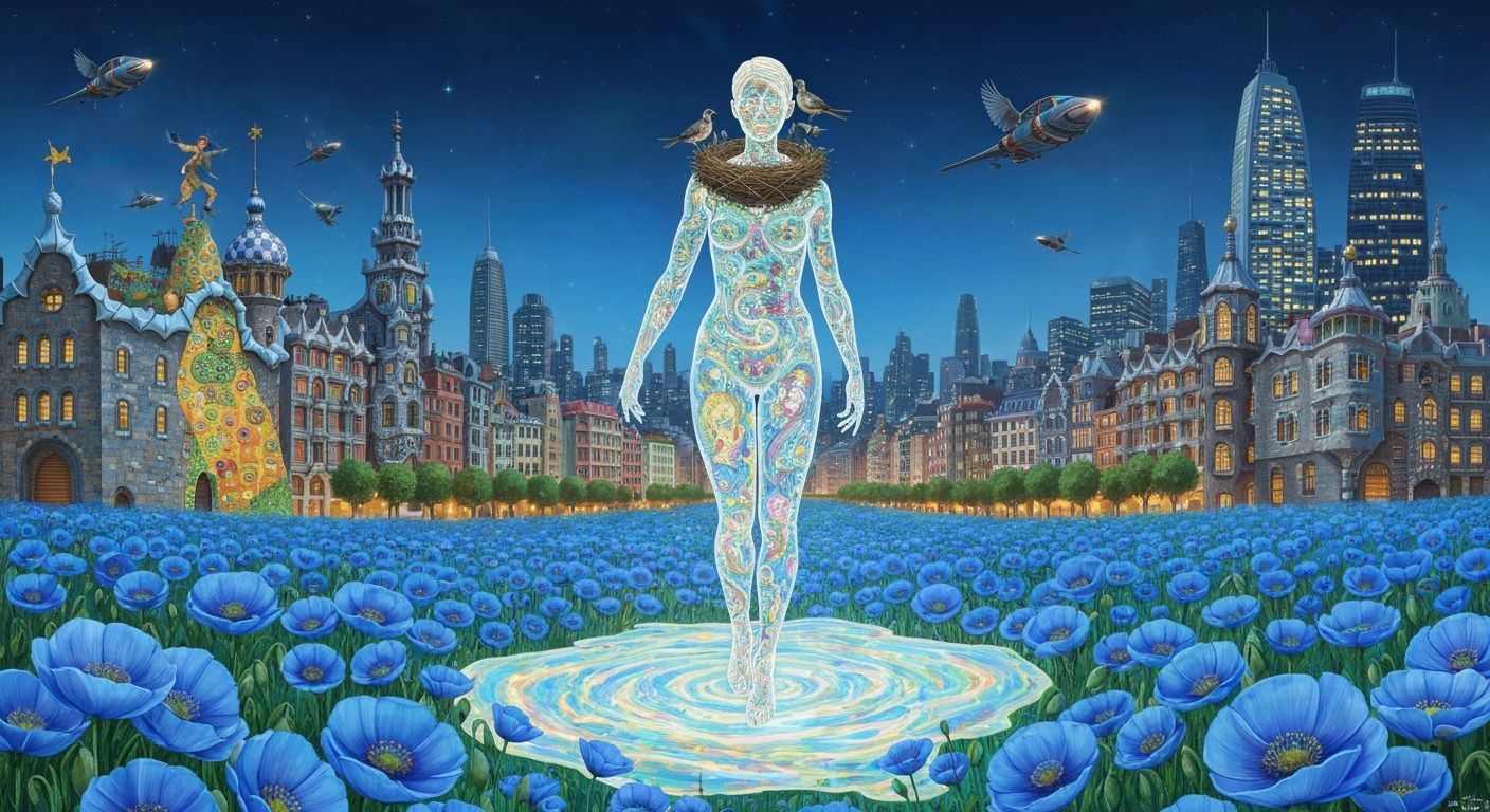 Blue Man in Poppy Field with Energy Lines, Surreal Art