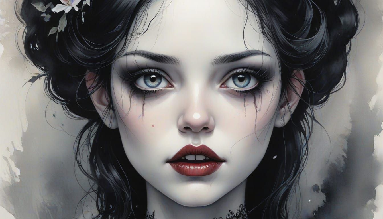 Ethereal Female Vampire in Dark, Misty Landscape