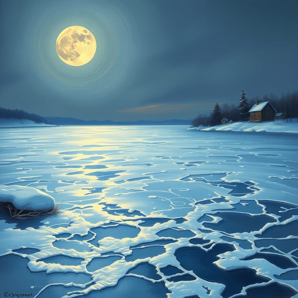 Moonlit Winter Lake in a Dreamlike, Whimsical Style
