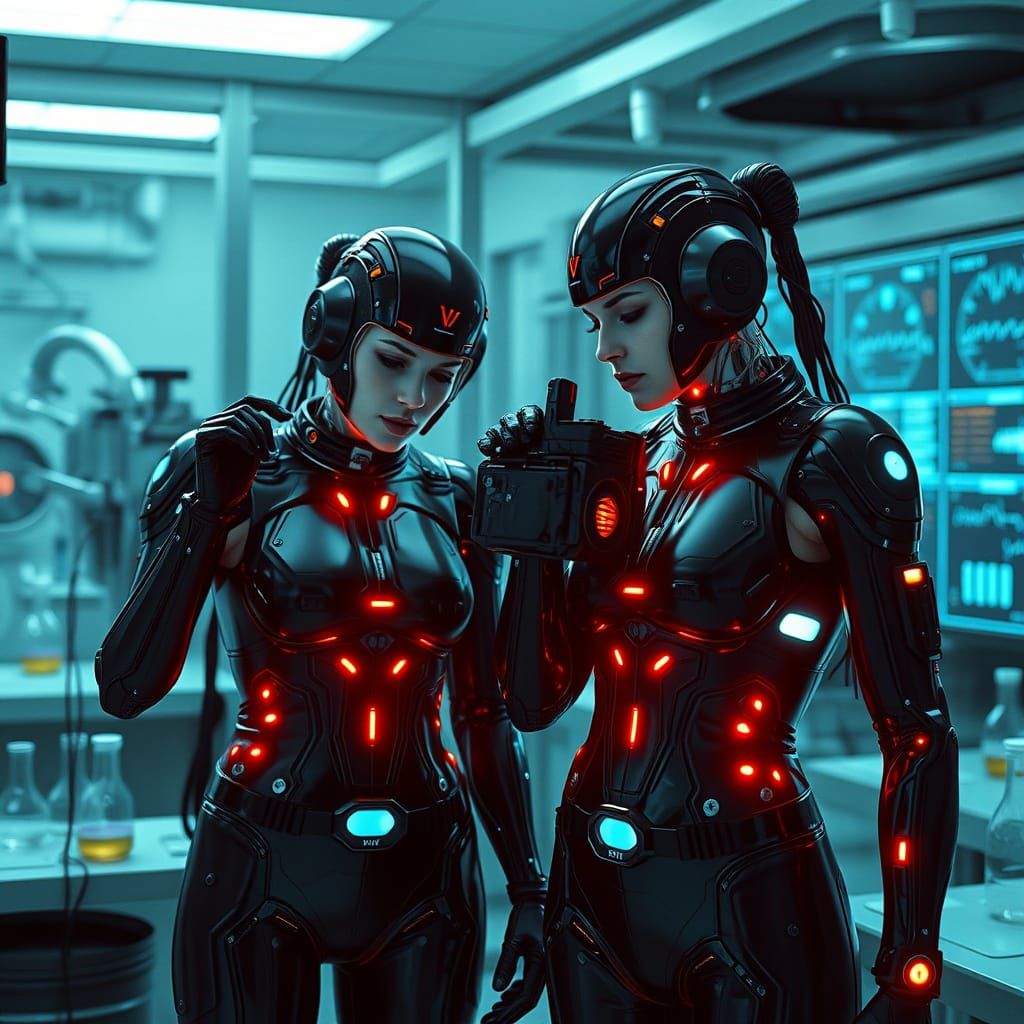 Neon Cyborg Sisters in High-Tech Laboratory
