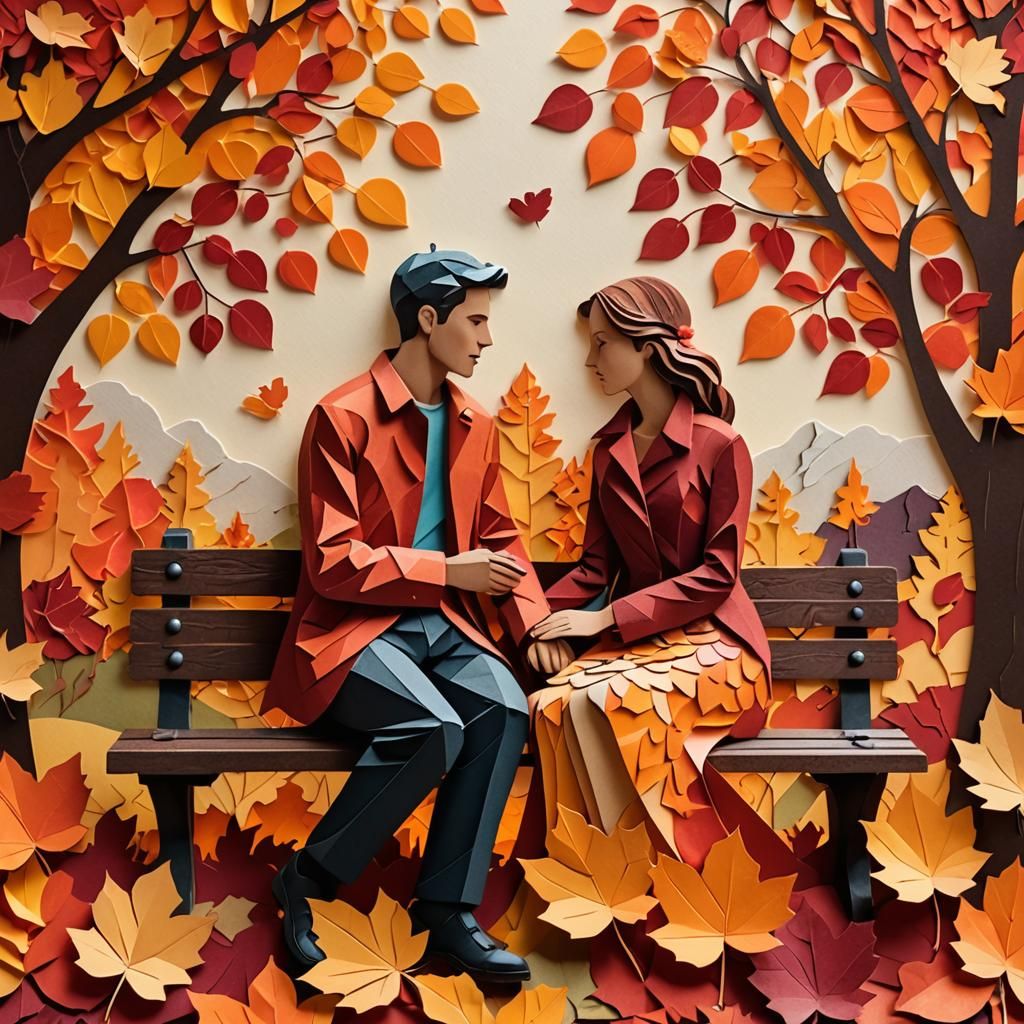 Romantic Couple in Autumn Landscape: Paper Collage Art