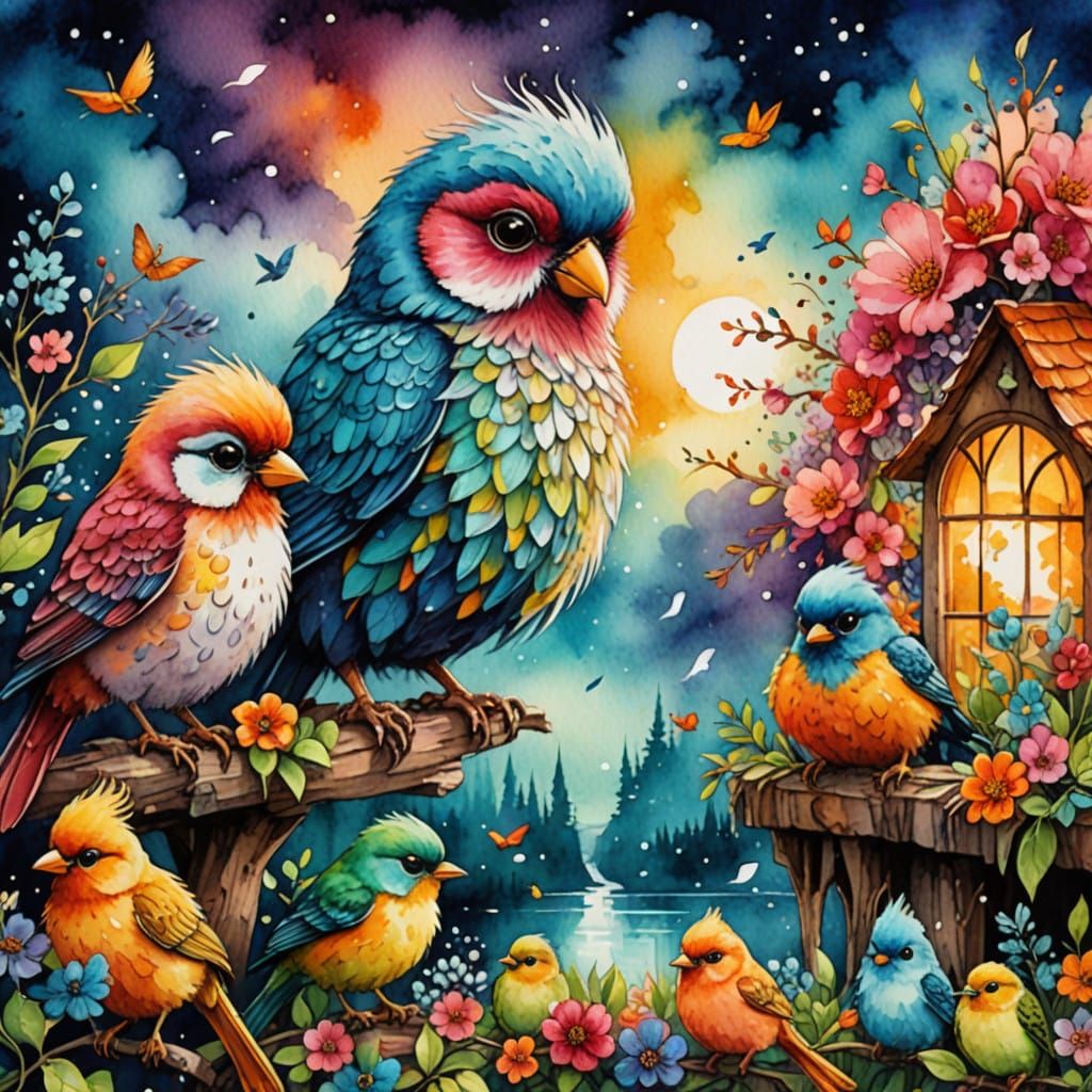 Whimsical Fantasy Scene with Colorful Birds and Magical Crea...