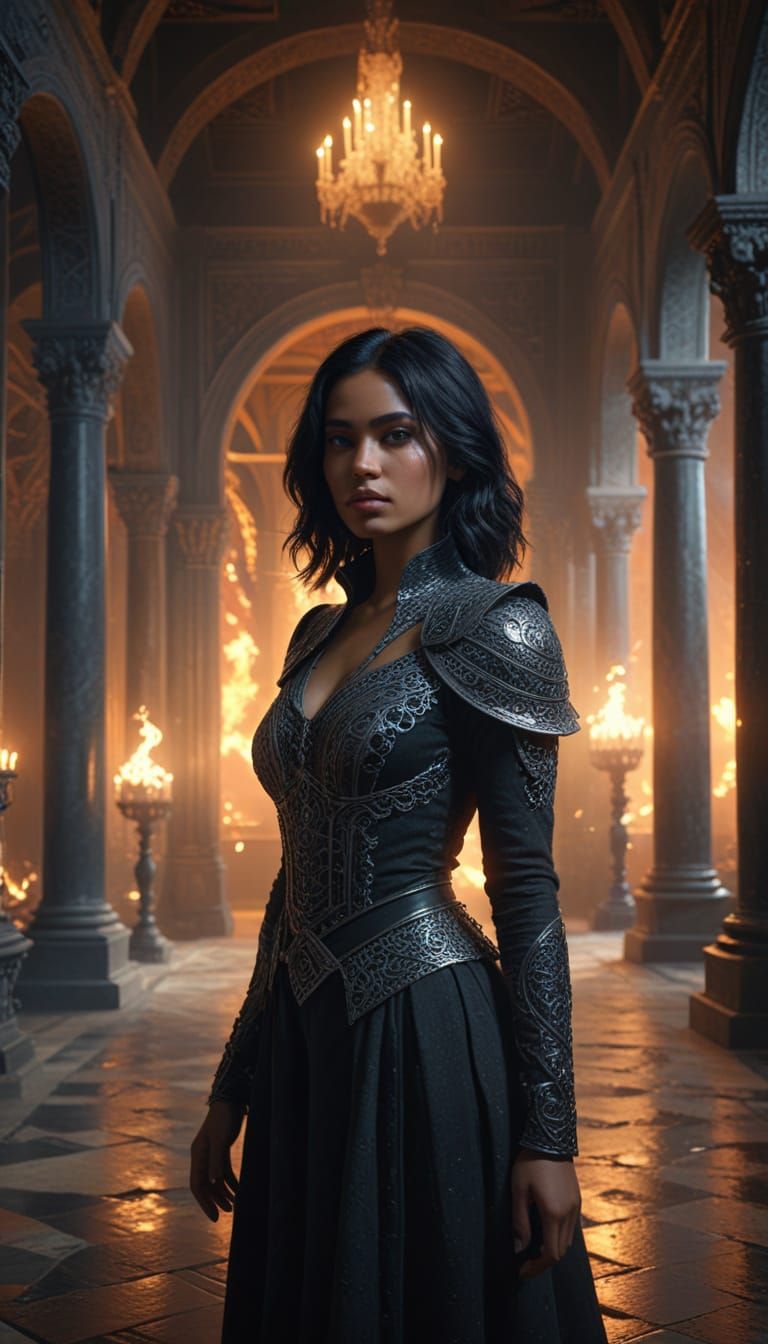 Dominican Woman in Magical Palace, Fiery Background