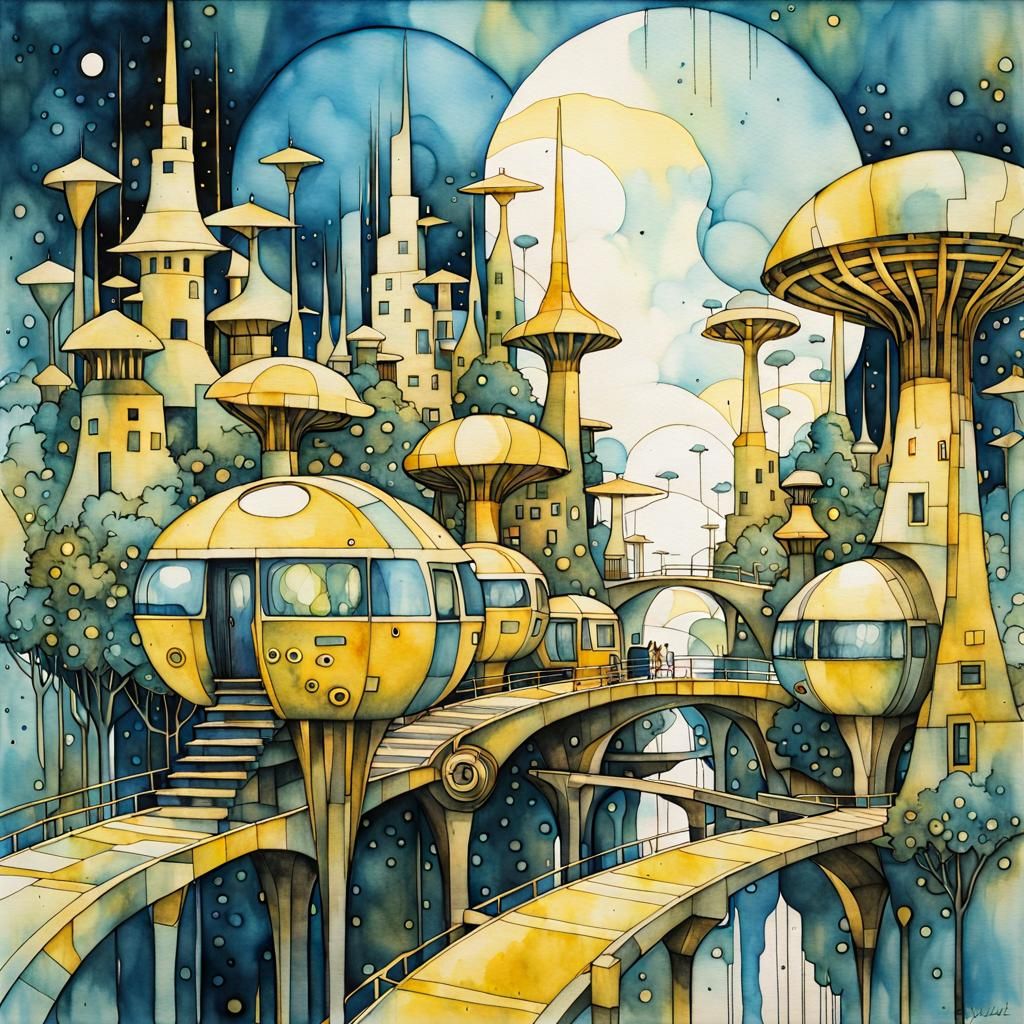 Futuristic Fairy Village Illustration in Watercolour Style