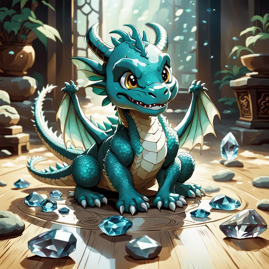 Adorable Asian Dragon Cub Playing with Crystals