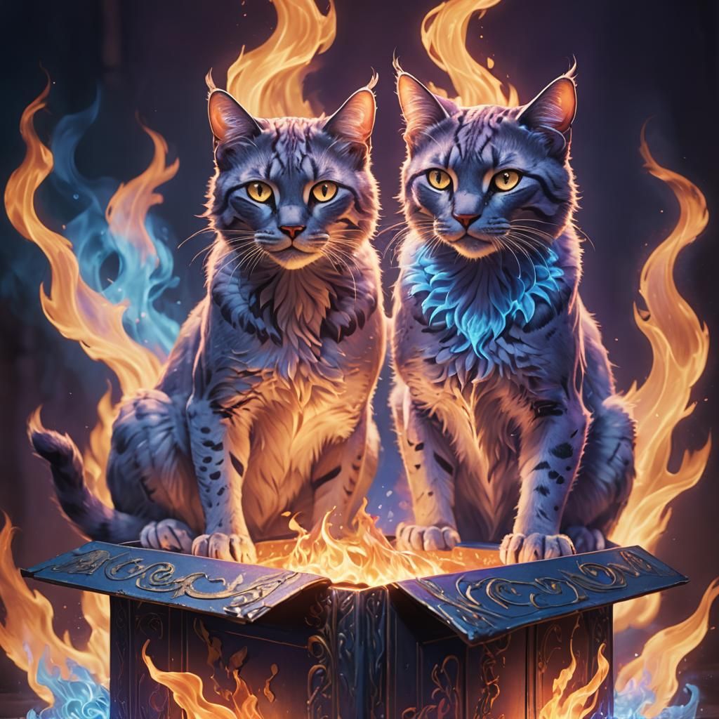 Twin Cat Goddesses Hovering Above Blue Flame