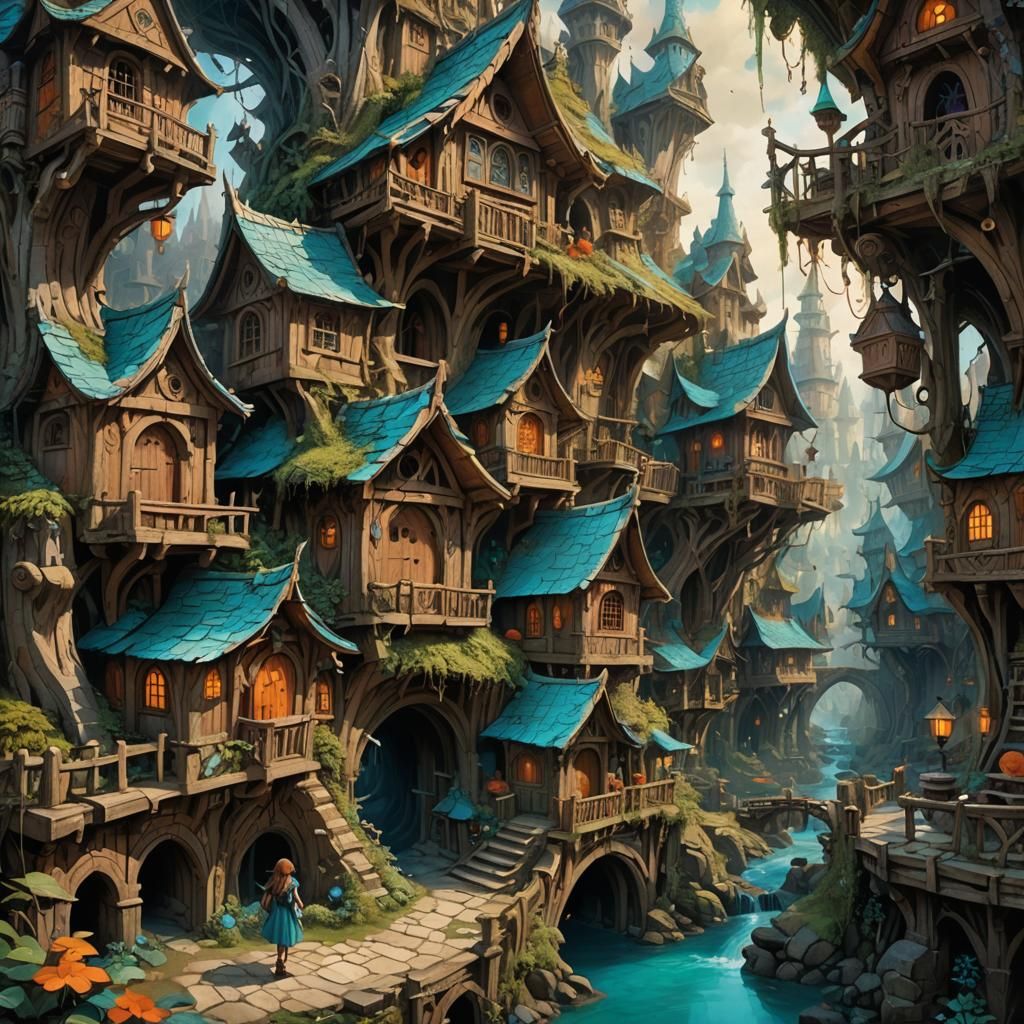 Whimsical Troll Village: Fantasy Art in Turquoise and Orange