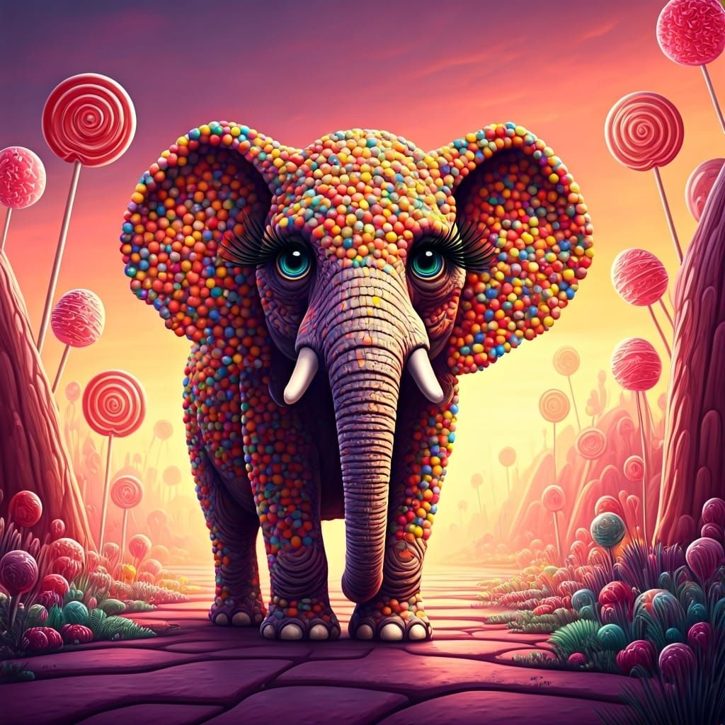 Gumball Elephant in Candyland, Whimsical Art
