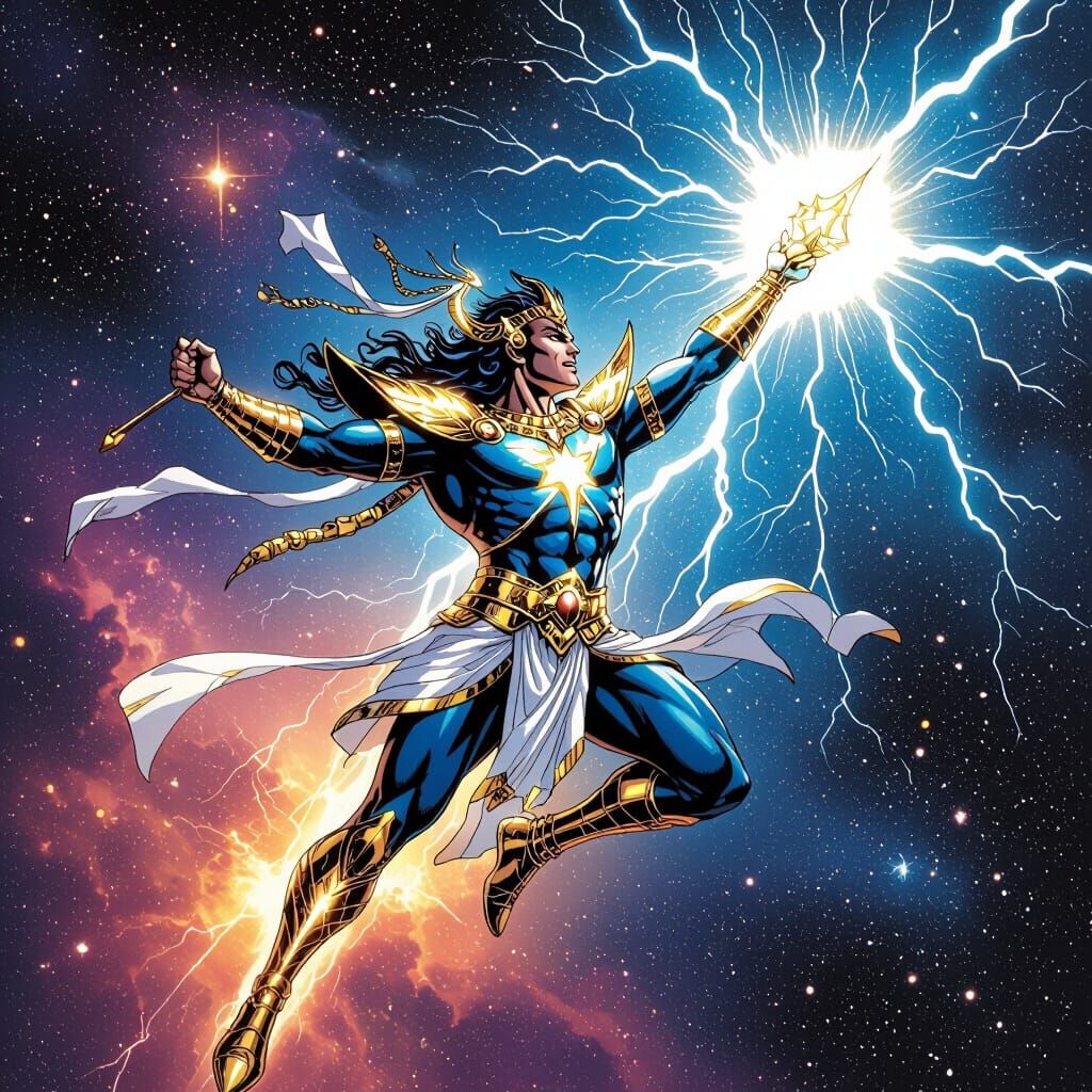 Lord Indra as Cosmic Superhero in Nebula Skies