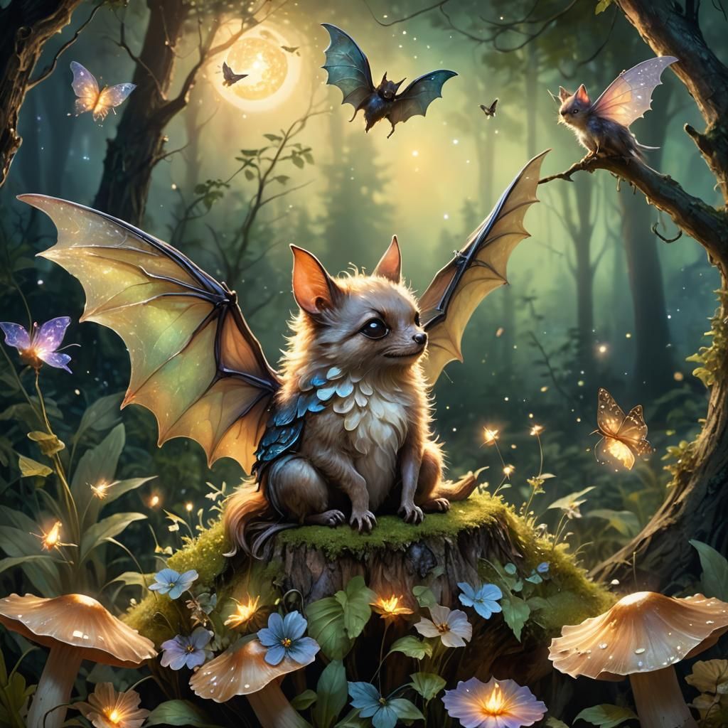 Enchanting Fairy and Bat in Dreamy Forest