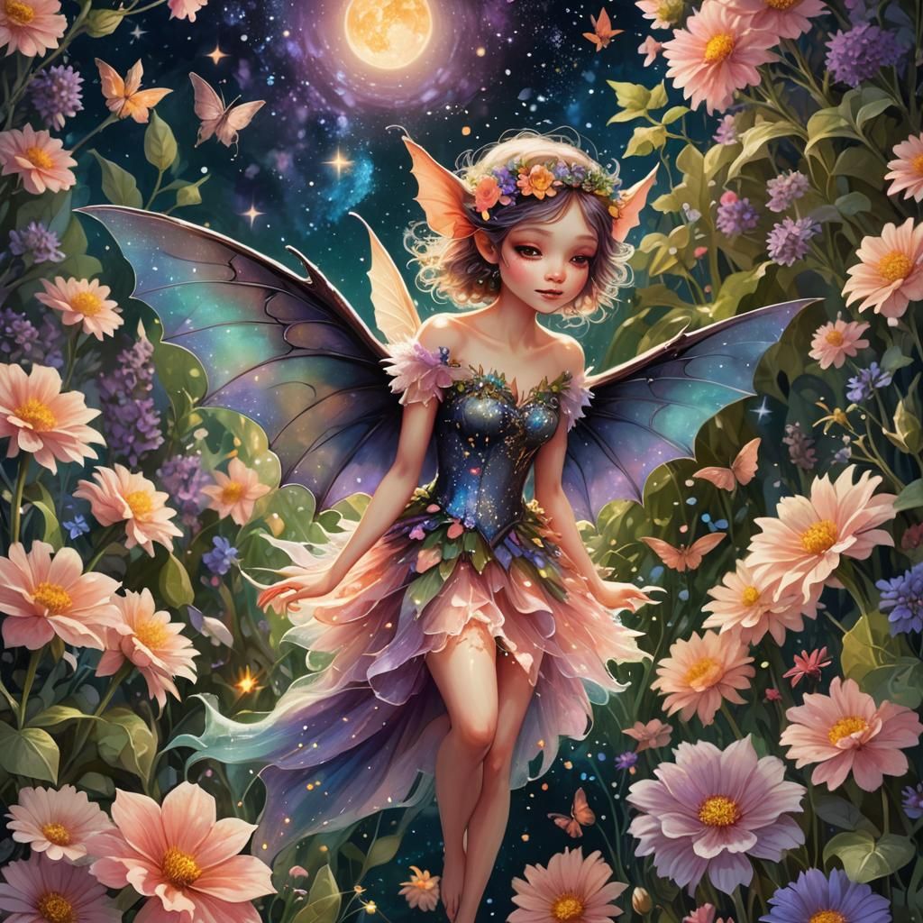 Fairy and Fuzzy Bat in Enchanted Garden