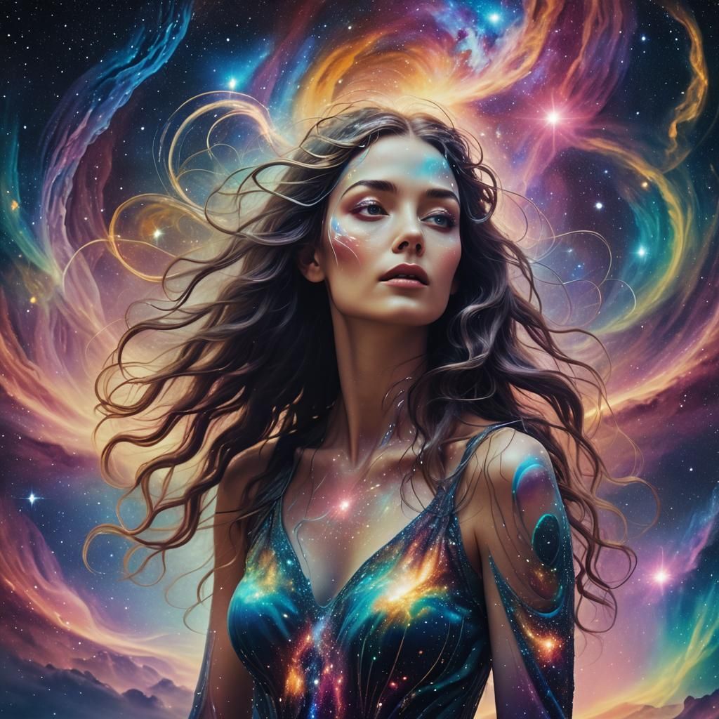 Cosmic Being Amidst Nebula in Surreal Style