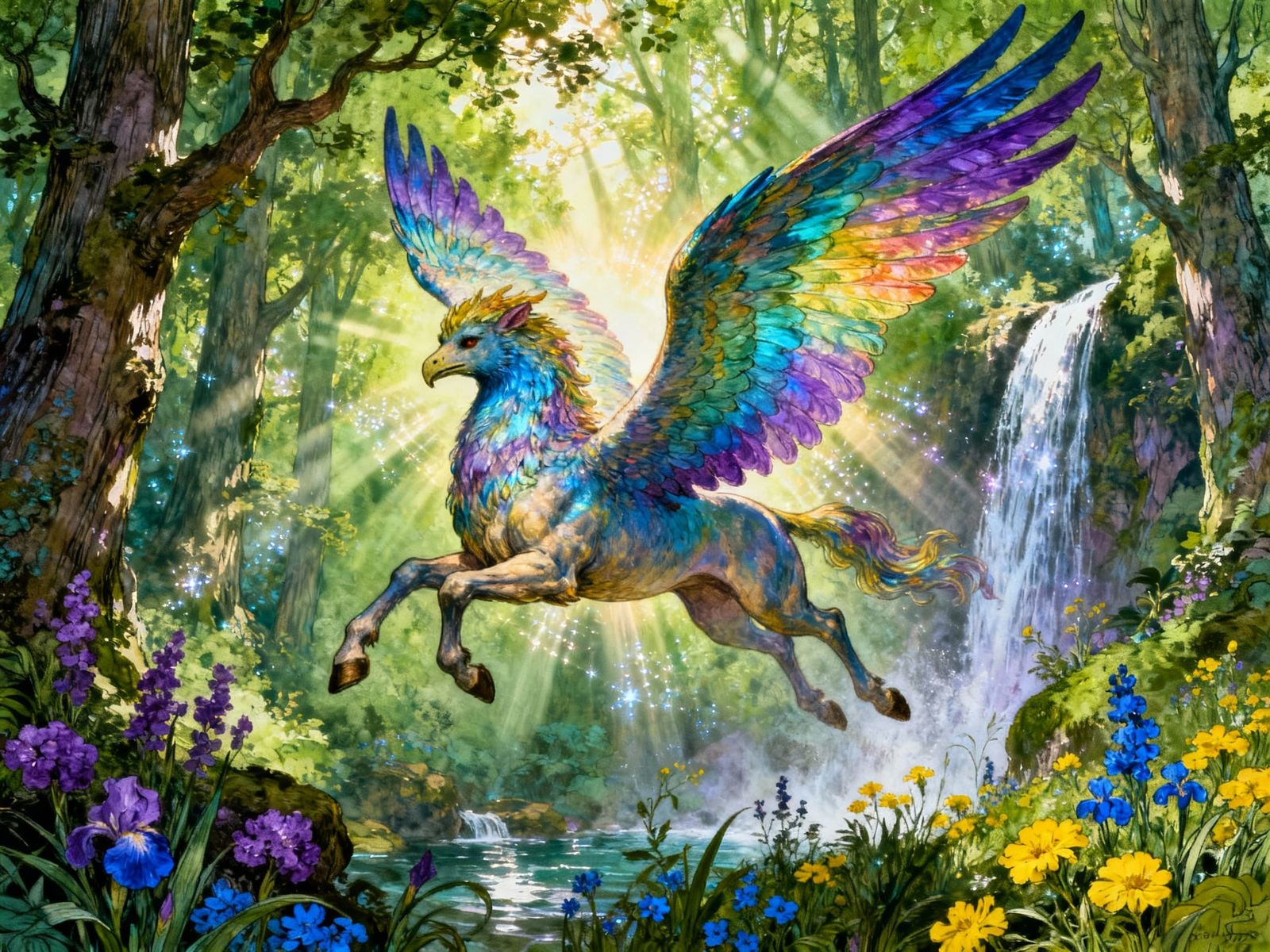 Majestic Hippogriff Soaring Over Emerald Forest
