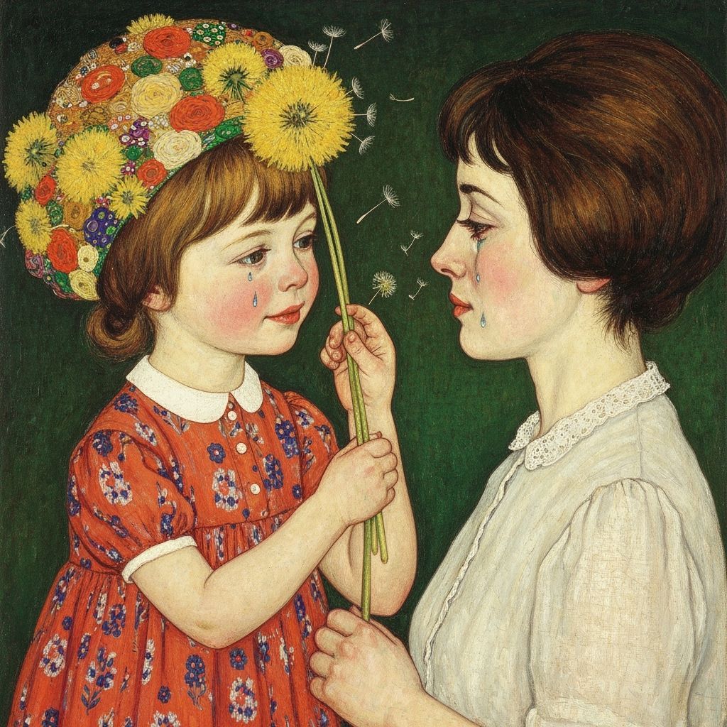 Little Girl Gives Dandelion to Joyful Mother in Klimt Style