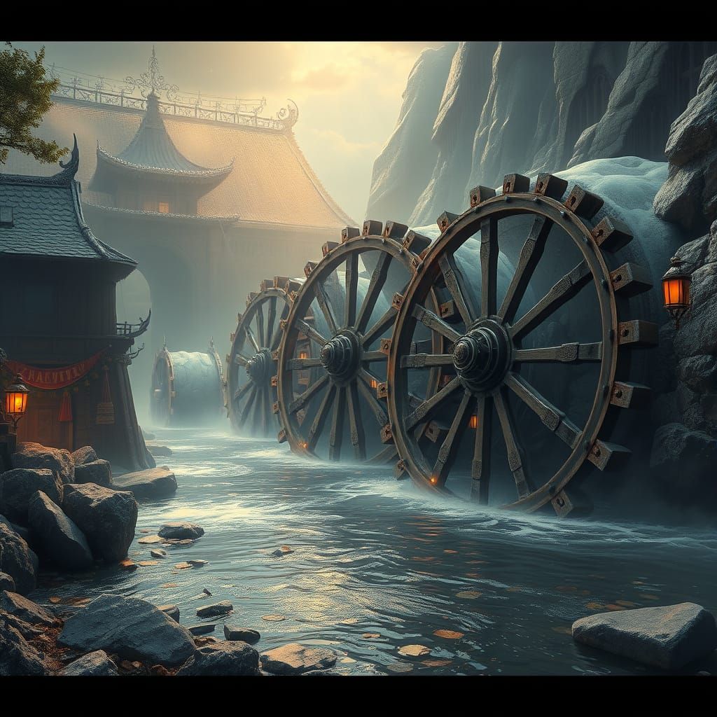 Ancient Waterwheels in Epic Cinematic Style