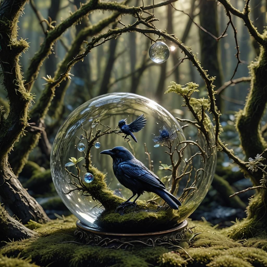Magical Raven in Water Bobble, Hyperrealistic 3D Art