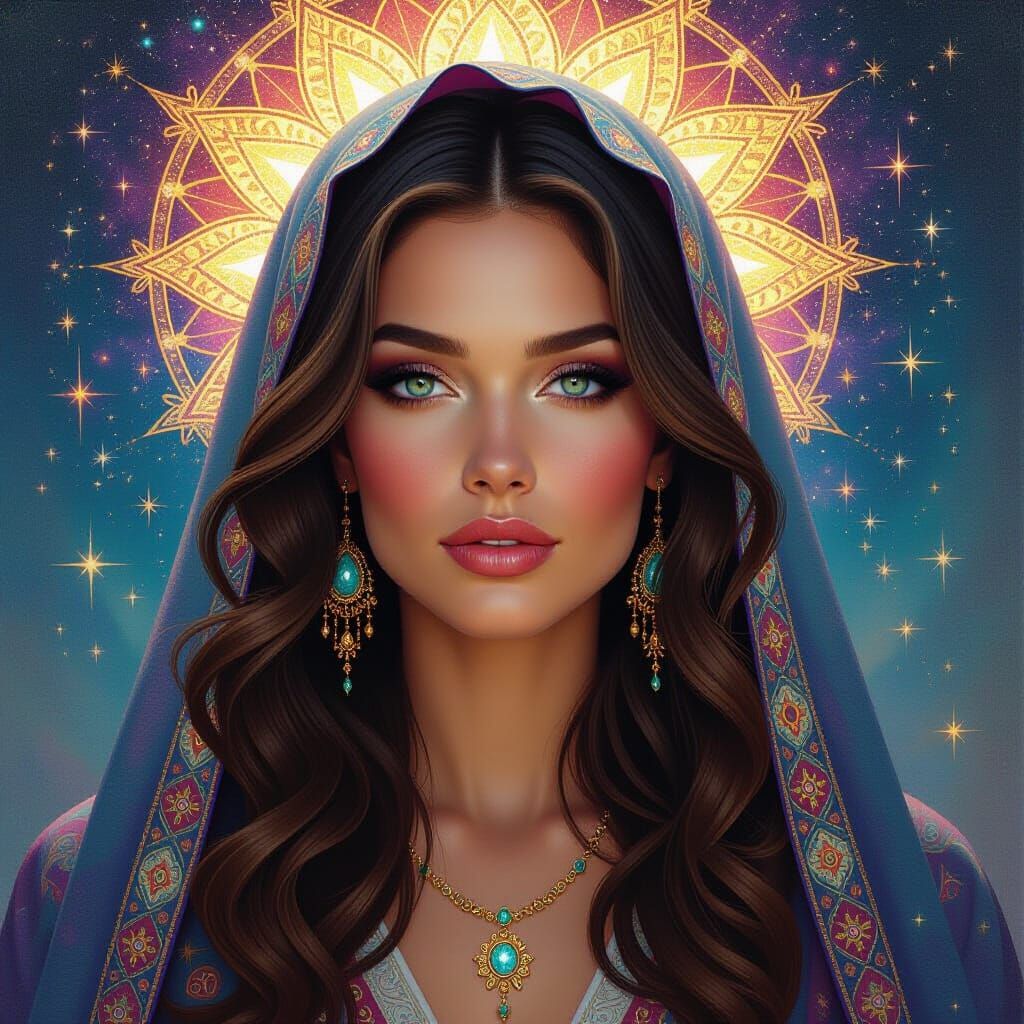 Surreal Cosmic Portrait of Wise Woman in Luminous Oil Painti...