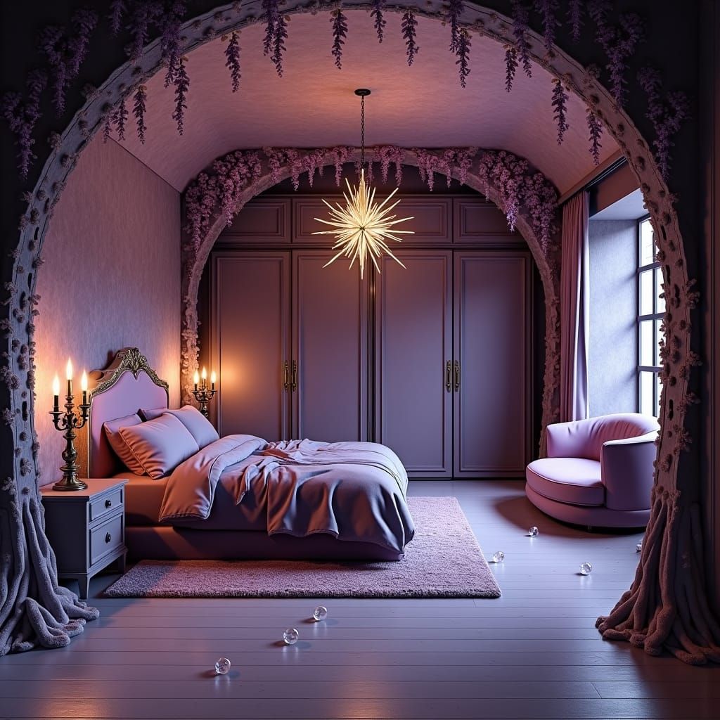 Magical Woodland Bedroom at Night: Interior Design