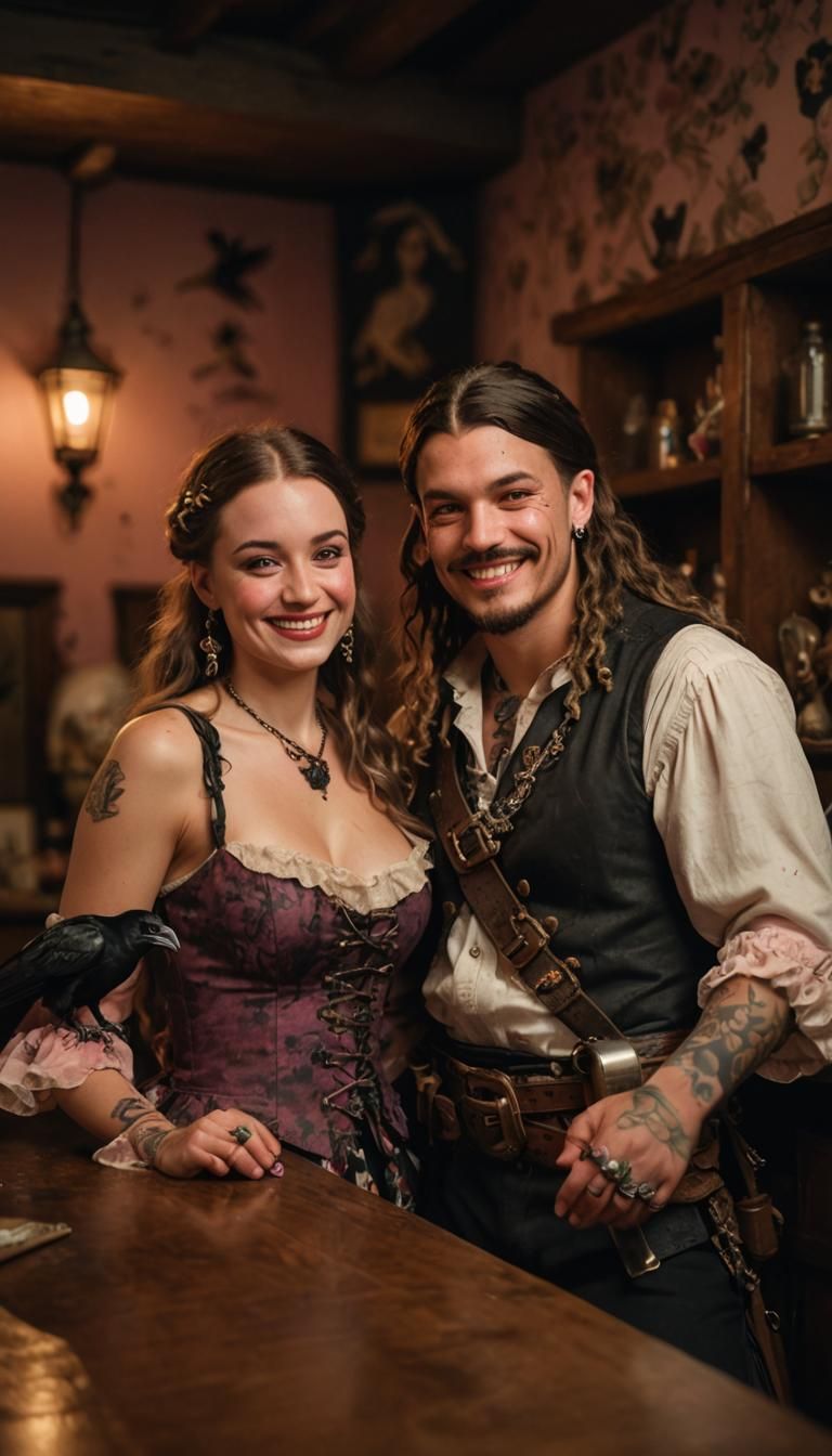 Smiling Pirate Girl Portrait with Raven, Pastel Colors