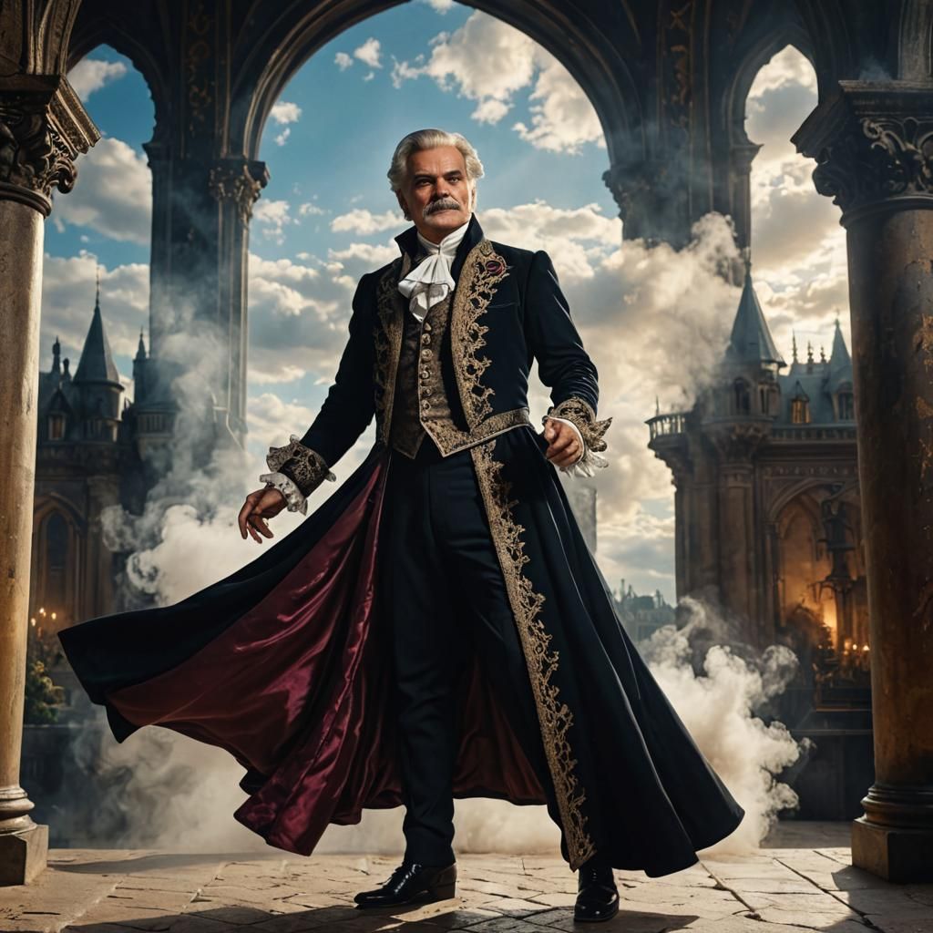 Butler in Aristocratic Clothing Against Gothic Castle