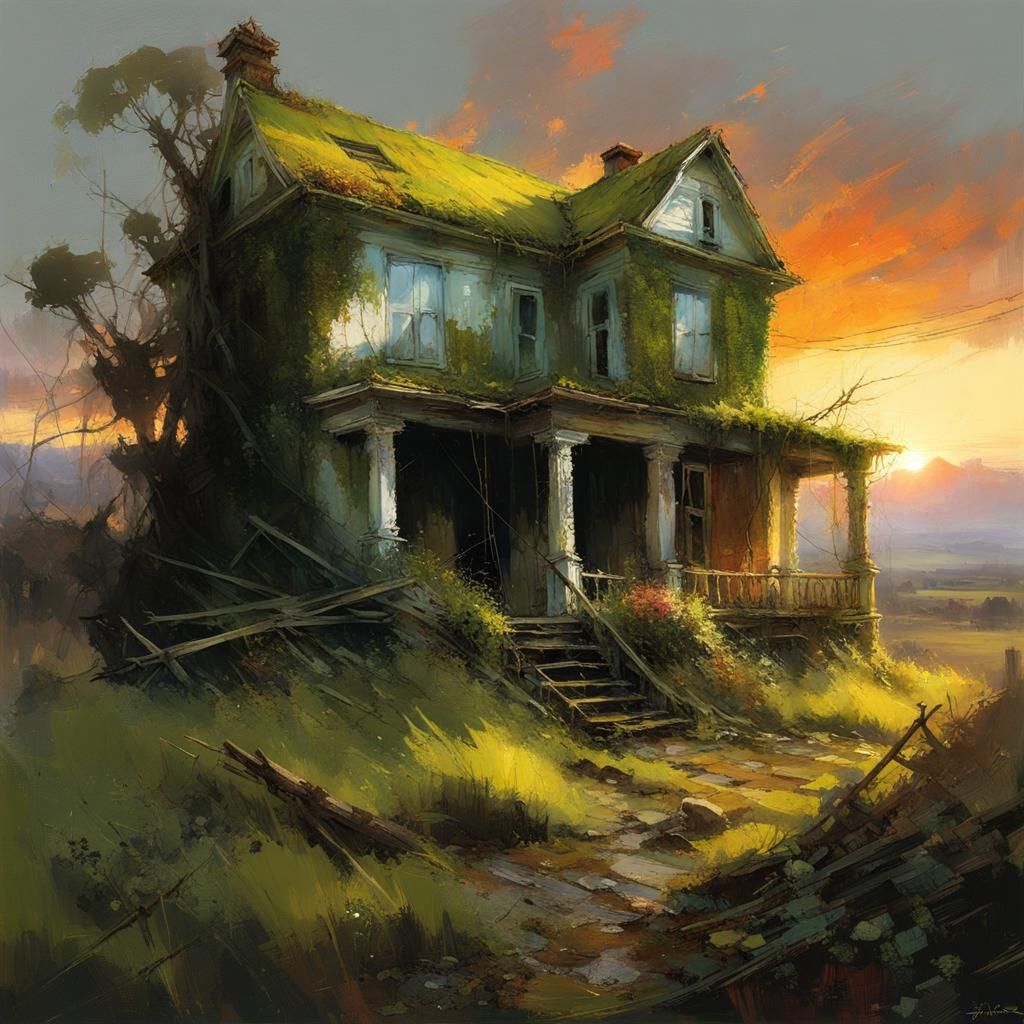 Rustic Farmhouse Sunset: Detailed Matte Painting