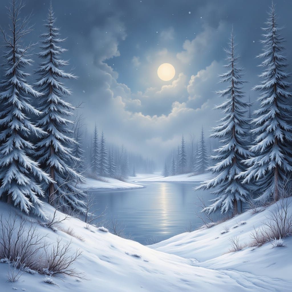 Ethereal Moonlit Winter Landscape with Snow and Ice