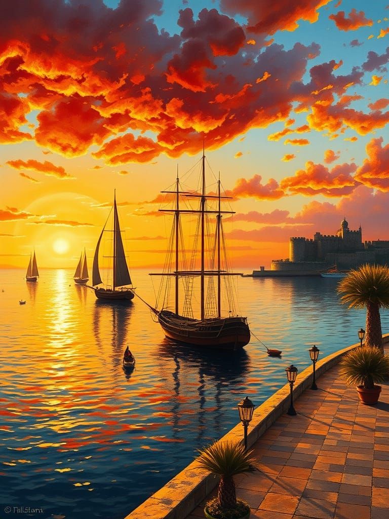 Bayona Promenade at Sunrise: Caravel Pinta & Fiery Sky