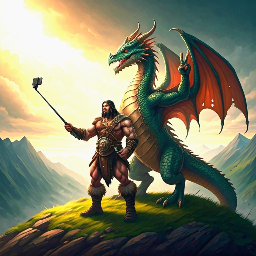 Barbarian and Dragon Selfie: Mythic Camaraderie